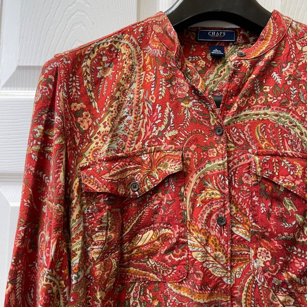 Chaps Denim Women's Large Banded Collar Fall Paisley Button‎ Shirt Long Sleeve